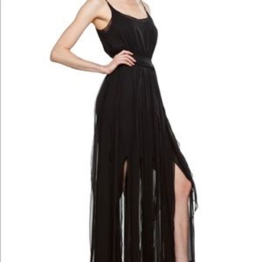 Rachel Zoe Ashley Black silk fringe maxi dress gown size 0